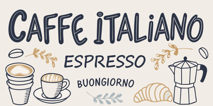 A charming illustration featuring caffe italiano espresso and breakfast items