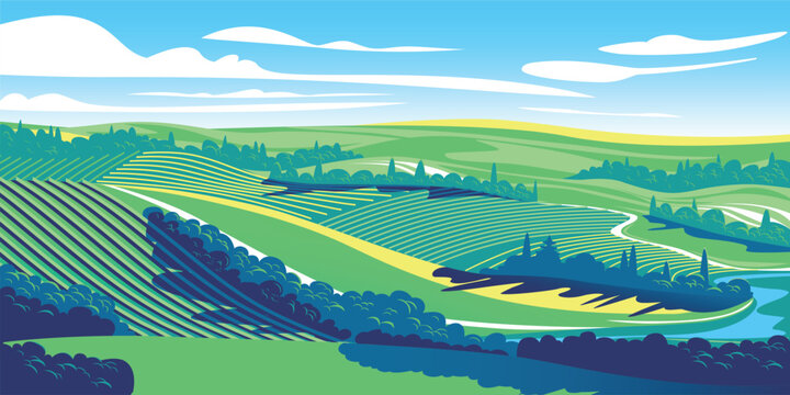 Summer rural landscape with farms, vineyards and hills in the background. Handmade drawing vector illustration. Can be used to make books, banners, posters, etc.	