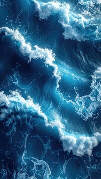 Abstract Aerial View of Deep Blue Ocean Waves Crashing with White Foam