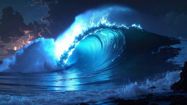 A luminous, cresting ocean wave at night with glowing details