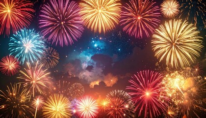 Fototapeta premium Spectacular display of multicolored fireworks illuminating the night sky above swirling clouds.