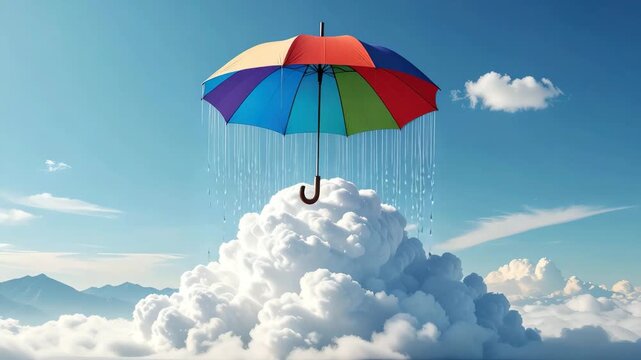 A colorful umbrella "raining" onto a cloud in a vast, blue sky