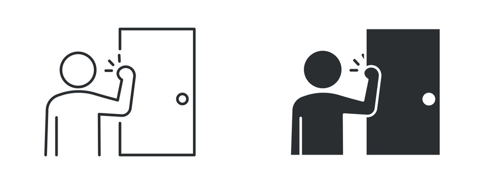 Door knocking icon set, person knocking on door symbol, in outline and solid silhouette style. Vector illustration.