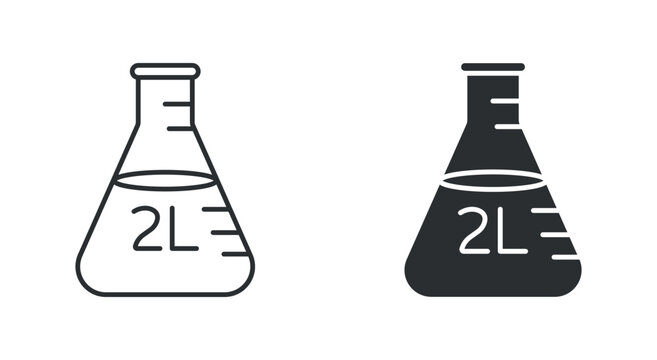 Laboratory flask icon set, measuring chemistry beaker 2 liter container, in outline and solid silhouette style. Vector illustration.