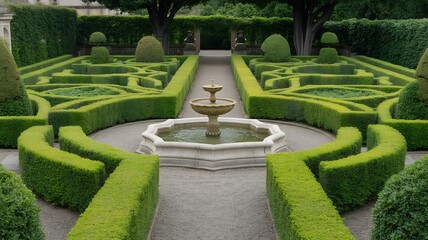 Serene Garden Fountain: A symmetrical display in a tranquil garden, featuring a central fountain. The manicured hedges and pathways offer a feeling of calm and inviting outdoor space.