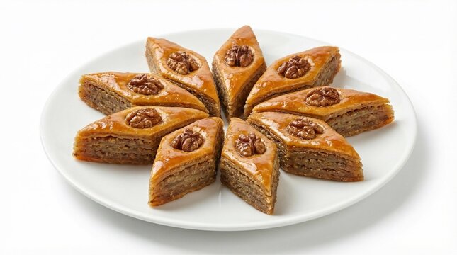 A plate of traditional azerbaijani pakhlava pastry dessert with walnuts on a white background