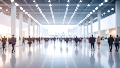 Fototapeta premium Blurred wide-angle view of a crowded, modern exhibition hall with bright overhead lighting.