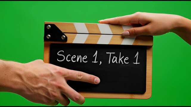 Film clapper board on green screen.