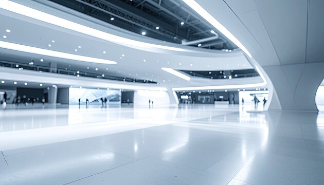 Futuristic modern lobby interior with bright white, curved architecture and reflective flooring.