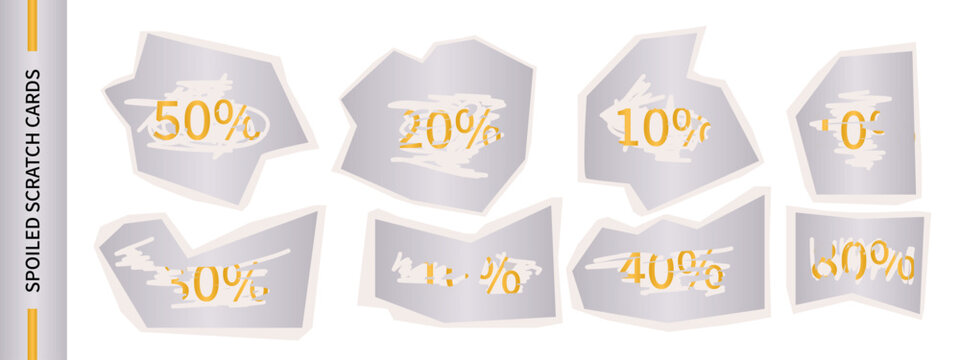 Set of promotional scratch cards with percentages and silver foil scratch effect. Collection of used scratch-off with discounts for promotions, loyalty programs, coupons, gift cards, lottery tickets.