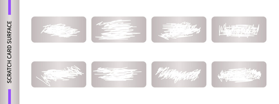 Damaged scratch card surface. Silver lottery ticket, sticker with worn layer. Used scratch card, collection of opened winning coupons, aged texture on the ticket. Vector illustration.