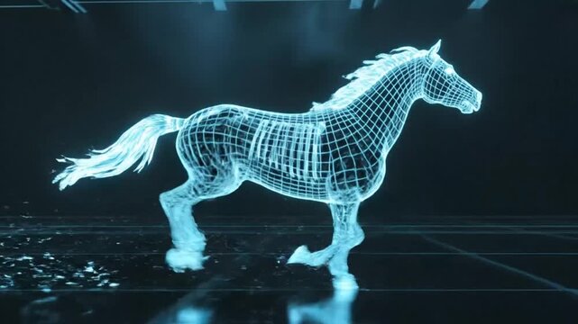 Futuristic Wireframe Horse Galloping Across a Smooth Reflective Surface in Blue Light against Dark Background