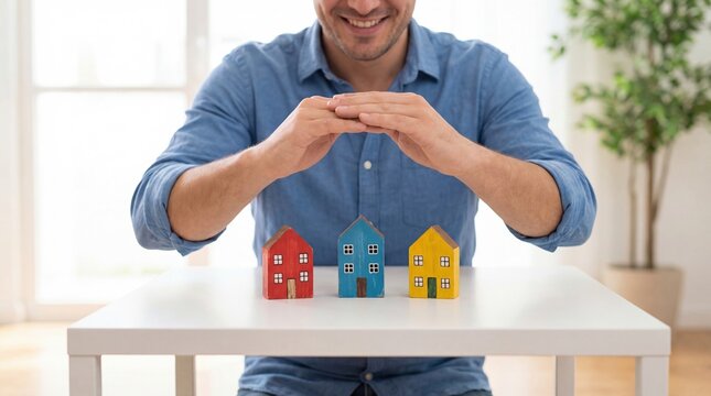 A young Caucasian man with dark hair smiles while protecting colorful toy houses on a table. The setting is bright and modern, with a plant in the background.