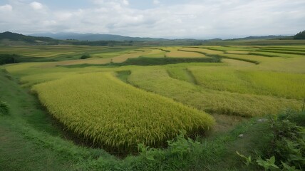 Lush green rice terraces in rolling hills under cloudy sky