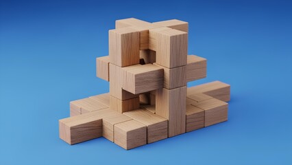 Wooden Burr Puzzle Interlocking Blocks on Blue Background.