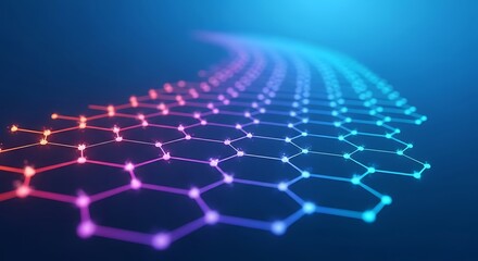 Colorful hexagonal network connections glowing lines and nodes on blue background