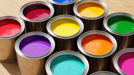 Fototapeta premium A collection of paint cans in various vibrant colors including red, purple, yellow, green, orange, and blue arranged on a wooden surface.