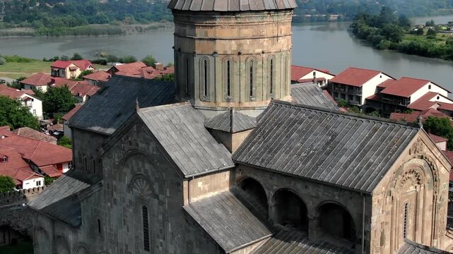 Aerial drone footage of the ancient city of Mtskheta, one of the oldest cultural and religious centers of Georgia.