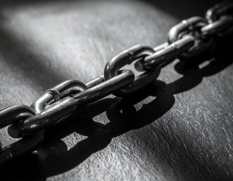 Symbol of enduring strength and unbreakable connection, a metallic chain with stark shadows