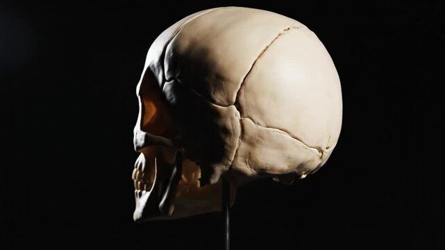 anatomical model of a human skull with sutures and teeth on black background for medical study