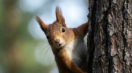Fototapeta premium Curious red squirrel with prominent ear tufts peeking from behind rough tree bark