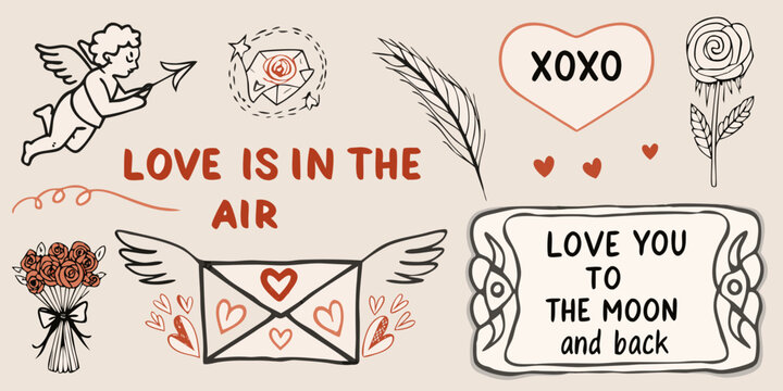 Valentine s day doodles featuring cupid hearts and romantic phrases
