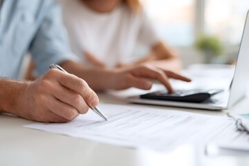 Fototapeta premium Man's hand signing a financial document or tax form with a pen. Couple calculating their budget and managing paperwork together at a desk