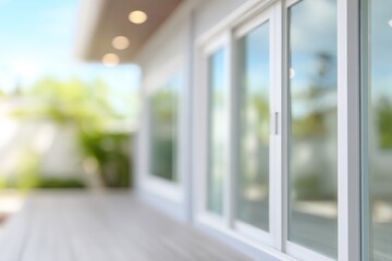 Fototapeta premium Modern home exterior with a white sliding glass door and deck. New residential property background for real estate and home improvement concepts