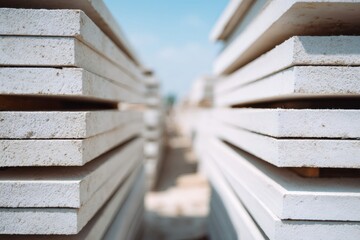 Close-up of stacked plasterboard sheets at a construction site. Industrial background with building materials for renovation projects