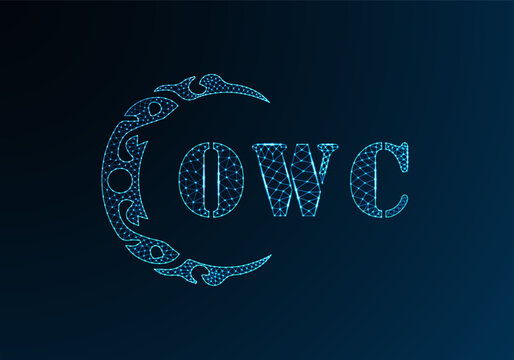 Low poly letter logo OWC design. OWC letter logo low poly vector design on blue color gradient background. OWC logo low poly design