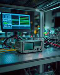 Fototapeta premium Electronics workbench computer with cables and precision tone generator close up