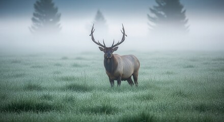 Fototapeta premium Majestic Red Deer Standing in Foggy Clear Field with Forest Background