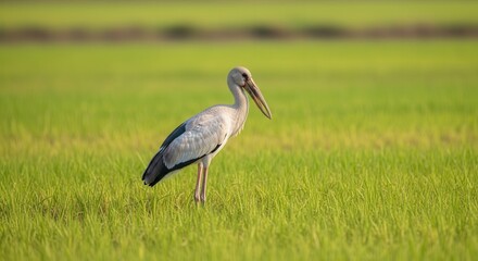 Fototapeta premium Serene Landscape with Wild Bird Standing on Vibrant Green Grass in Nature Scene