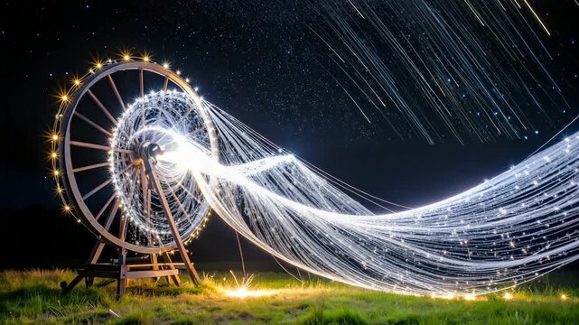 A lit Ferris wheel structure emits light trails against a starry night