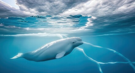 Naklejka premium Majestic Whale Swimming Beneath the Ocean Surface in Deep Blue Waters