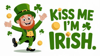 Leprechaun in green attire dancing with coins and shamrocks st patrick's day celebration graphic