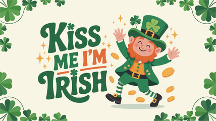 Obraz premium Smiling leprechaun with 'kiss me i'm irish' text and shamrocks for st patrick's day celebrations