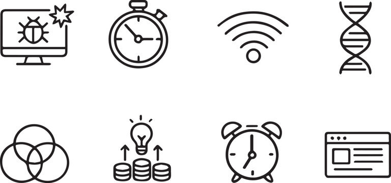 Minimalist Black Vector Icon Set &ndash; Cyber, Timer, Science, and UI Symbols