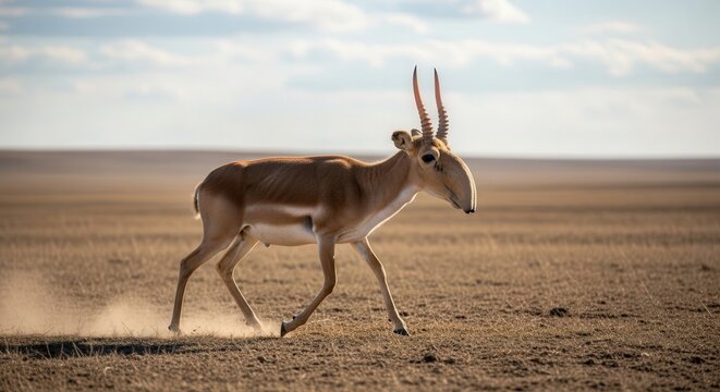 Unique oryx walking across expansive desert landscape with clear sky