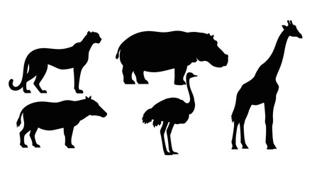 Obraz premium African Wildlife Silhouettes Collection: Leopard, Hippo, Warthog, Ostrich, Giraffe