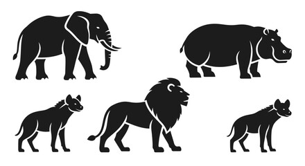 African Wildlife Silhouettes: Elephant, Lion, Hippopotamus, and Hyena Icons