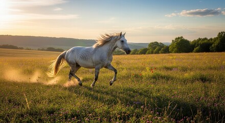 Majestic White Horse Running Free Across Golden Open Meadow at Sunset