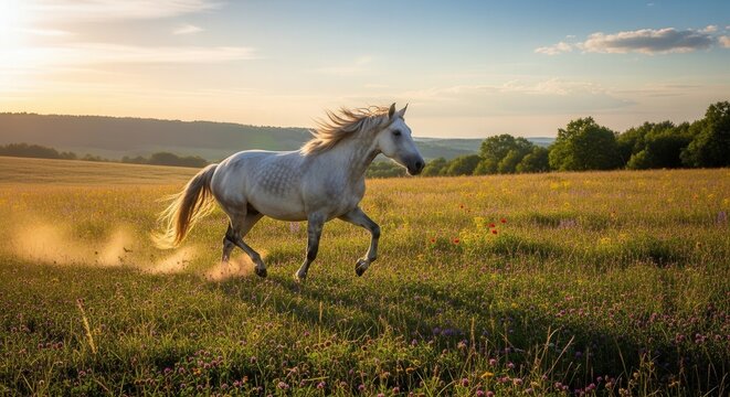 Majestic White Horse Running Free Across Golden Open Meadow at Sunset
