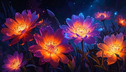 Obraz premium Vibrant orange and purple flowers glow in a dark, magical night setting