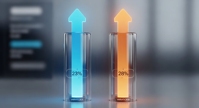 Dual vertical glass columns featuring upward arrows in cool blue and warm orange tones representing statistical comparison for AB testing analysis growth data evaluation and progress metrics.