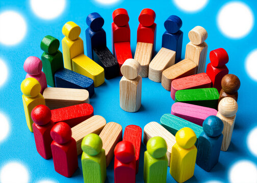 Multi-colored wooden figures arranged in a circle on a blue background symbolize diversity and unity in teamwork