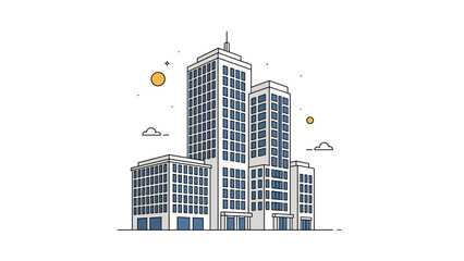 Fototapeta premium Modern office building complex features three interconnected skyscrapers of varying heights in a clean architectural line art style.