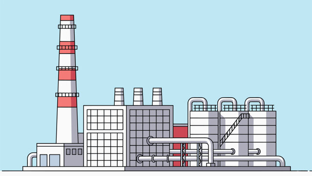 Industrial factory complex features large smoke stacks and storage containers under a clear blue sky in flat design style.