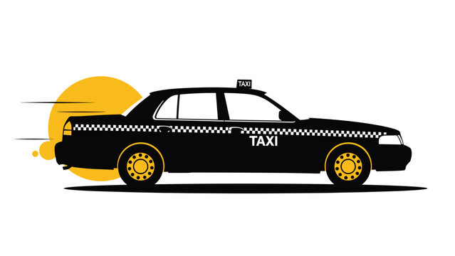 Silhouette of a black taxi cab with distinctive checkerboard patterns moves quickly past a large yellow circle sun.