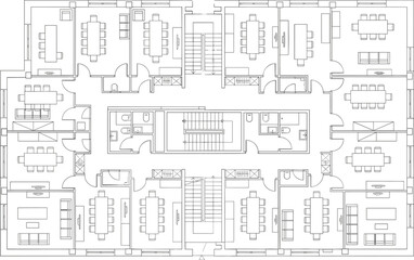 Office building floor plan architectural blueprint with meeting rooms, workspaces, stairs and facilities layout for corporate interior design and workspace planning